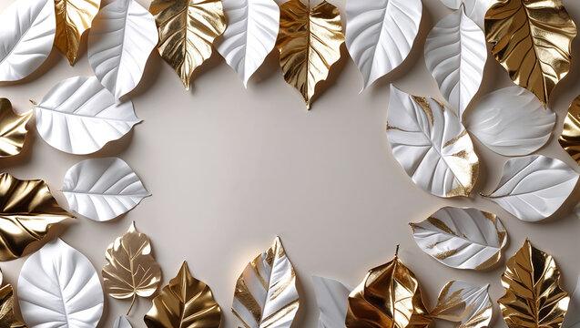 Image is a stylized, artistic composition featuring a collection of leaves. The layout is a flat lay, showcasing an arrangement of leaves in a visually appealing pattern.  