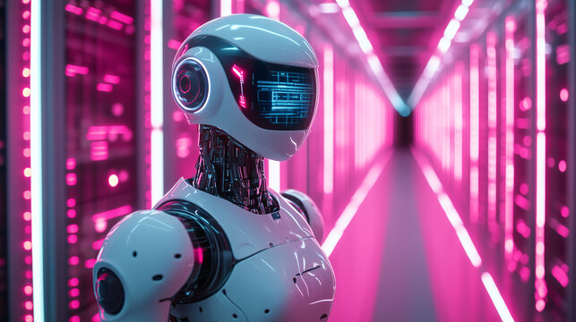 futuristic robotic ai in a neon lit data center corridor