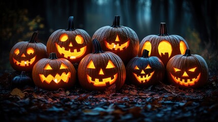 Fototapeta premium Carved Pumpkins Illuminating a Misty Forest at Dusk