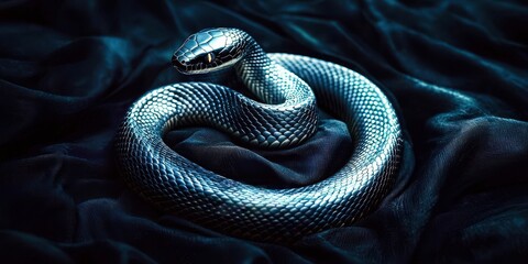 Snake is curled up on a black cloth