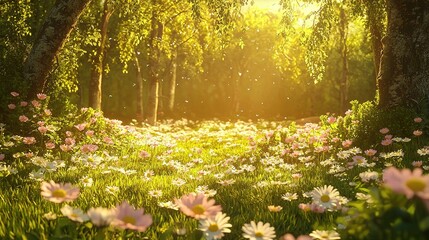 Fototapeta premium Sunlit Meadow, Daisies, Spring