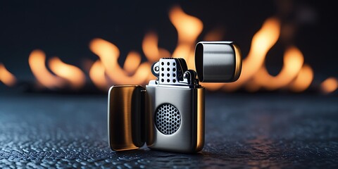 Windproof brushed chrome lighter igniting in the darkness, showcasing a sharp, glowing flame against the backdrop of a dark environment, symbolizing resilience, power, and illumination

