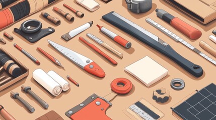 Obraz premium Flat lay showcasing an assortment of hand tools and hardware arranged on a neutral background