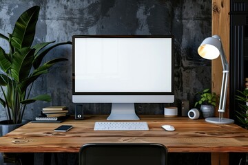 Ultra Hd Image of Computer with Blank White Screen on Wooden Desk