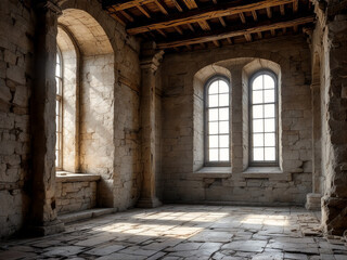 Naklejka premium Empty Stone Room with Gothic Windows