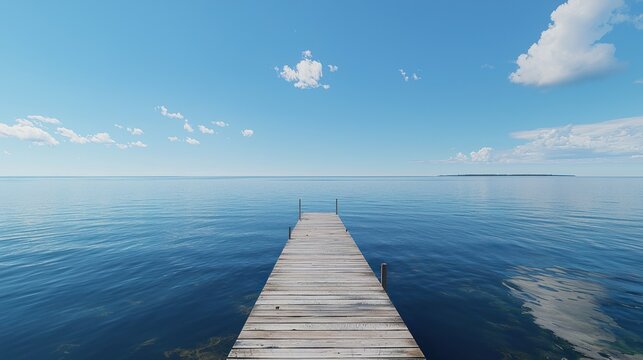 Serene wooden dock extending into calm waters under a clear sky.