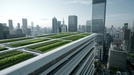 Futuristic vertical city farms with renewable energy in urban landscape