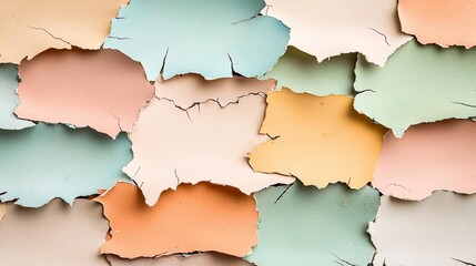Fototapeta premium Distressed watercolor concept. Colorful pieces of torn paper in various pastel shades create a textured backdrop.