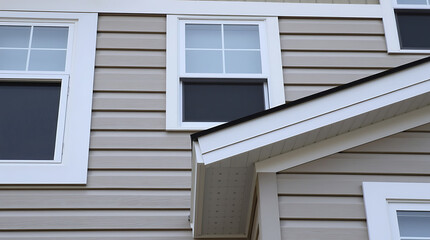 Fototapeta premium Modern House Exterior with White Windows and Beige Siding. High-quality image of a residential building, showcasing architectural details and exterior design elements.