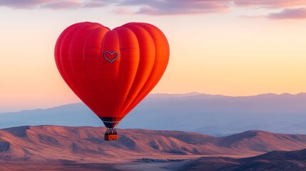 Fototapeta premium Romantic Heart-Shaped Hot Air Balloon Floating Above Scenic Landscape at Sunset