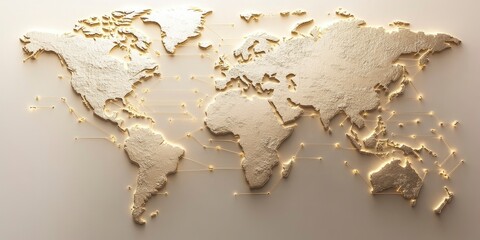 A world map made of white and gold, global connections and network technology with glowing data points connecting the different continents, representing international business.