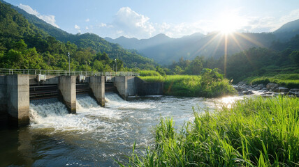 modern hydroelectric dam surrounded by lush mountains and flowing water