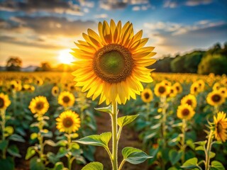 A lone sunflower stands tall, its gaze fixed, in a bent summer field.  Deep focus reveals the natural beauty.