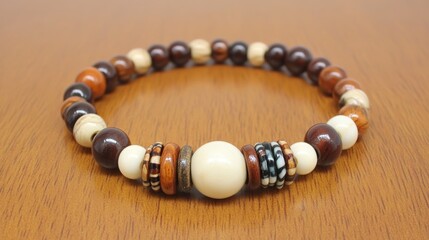 Elegant Wooden Beaded Bracelet on Brown Surface