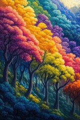 Fototapeta premium Rainbow forest, vibrant trees, magical landscape.