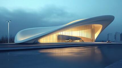 Futuristic Architectural Design: A sleek, modern building with a flowing, organic design is illuminated at dusk. The structure's curves and glass facade create a sense of elegance and innovation.