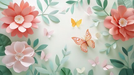 Obraz premium Paper Flowers and Butterflies: Delicate pastel paper flowers and intricately crafted paper butterflies create a charming, spring-like arrangement. A gentle, artistic scene perfect for cards.