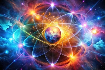 Atomic structures collide in a vibrant, quantum-inspired double exposure.