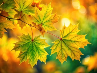 Obraz premium Autumn portrait: Vibrant maple leaves, yellow-green hues, softly blurred background.