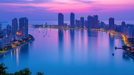 Fototapeta premium Twilight Skyline over Coastal Cityscape with Reflections in Water