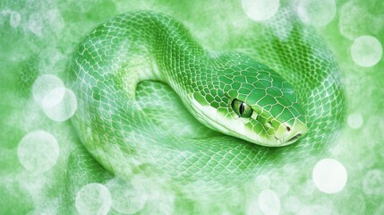 Obraz premium Emerald Green Snake Coiled, Bokeh Background