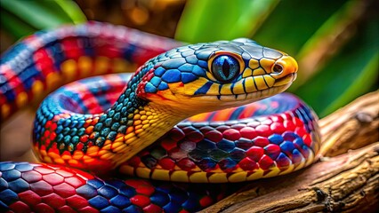 Fototapeta premium A vibrant snake, blue head, red and yellow stripes, captured in a candid wildlife photograph.