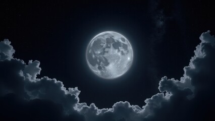 Fototapeta premium Close-up, eye-level view of a majestic moon at night, surrounded by scattered stars and framed by delicate cumulus clouds against a dark sky