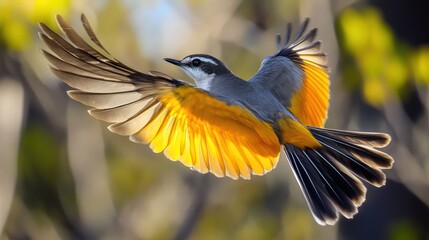 Yellow-winged bird in flight, forest background, nature photography