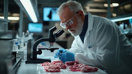 Scientist Examining Meat Samples Under Microscope in Lab