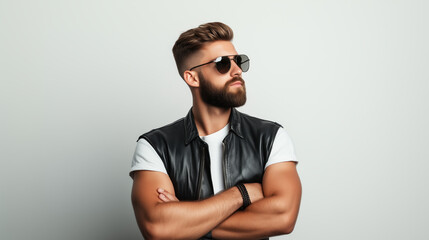Obraz premium Stylish man posing with sunglasses in urban studio setting