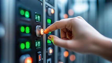 hand pressing button on control panel with glowing lights, symbolizing technology and security