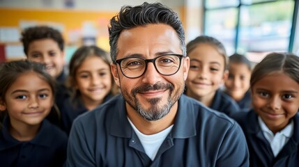 A smiling educator surrounded by happy students in a bright classroom environment.