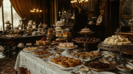 Fototapeta premium An assortment of decadent pastries and cakes on an ornate table, styled with fine linens and silverware in a grand dining room.