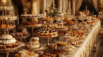 An assortment of decadent pastries and cakes on an ornate table, styled with fine linens and silverware in a grand dining room.