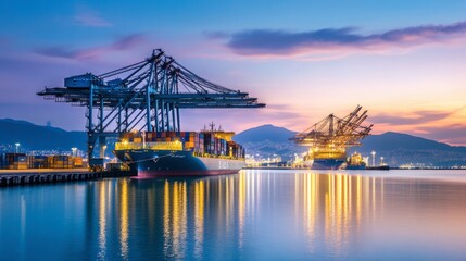 Obraz premium An atmospheric view of a nighttime harbor with cargo ships and cranes, the lights casting a warm glow over the industrial scene.