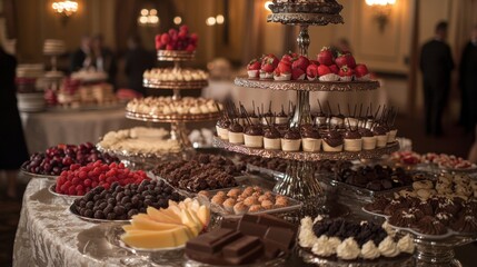 An indulgent spread of desserts with a chocolate fountain centerpiece, surrounded by fruit and confections in a luxurious banquet hall.