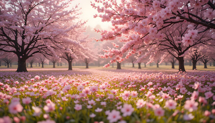 Naklejka premium Sunlit pink cherry blossom trees and flowers.