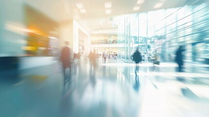 Modern Office Workspace Blurred Background with Busy Commuters