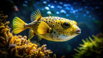 Obraz premium Captivating low-light image: a vibrant yellow pufferfish, elegantly poised in its underwater world.