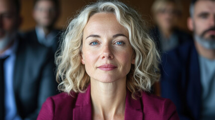 Fototapeta premium Mindfulness session in office with focused woman and employees