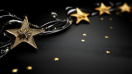 Gold stars on black background with sparkling swirls