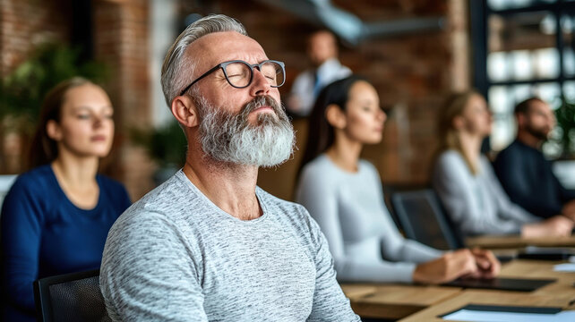 Mindfulness session in office with group of employees practicing relaxation