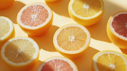 Fototapeta premium Halved citrus fruits arranged on yellow background.