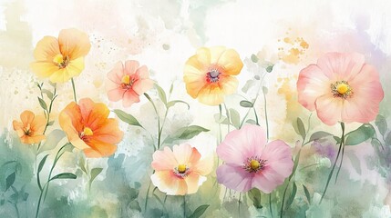 Watercolor Floral Bouquet: A delicate and vibrant watercolor painting showcasing a medley of pastel pink, yellow and orange wildflowers blooming in a field of soft green foliage.
