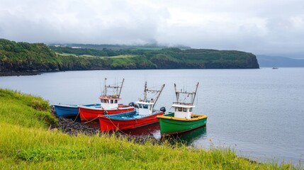 Naklejka premium Colorful Fishing Boats at Calm Coastal Cove