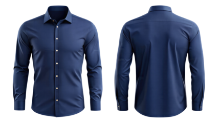 navy blue formal shirt mockup front and back view template isolated on transparent white background, clipping path