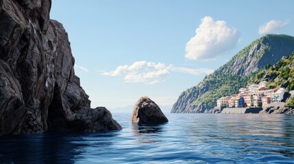 Scenic coastal view with rocky formations and colorful buildings.
