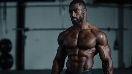 A man with a muscular body is standing in a gym