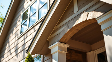 Fototapeta premium Elegant Home Exterior: Modern Architectural Design and Classic Style. High-end Real Estate Property with a Stunning Porch and Brick Accents.