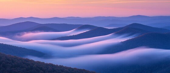 Obraz premium Serene sunrise over misty mountains, showcasing rolling hills and soft clouds in the background